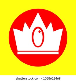 Crown icon with brilliant. Vector. White flat icon inside red circle at yellow background. Isolated.