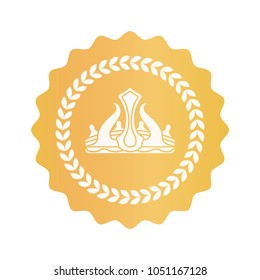 Crown icon in circle closeup, yellow icon of crown with ornament made up of laurel leaves, object vector illustration isolated on white background