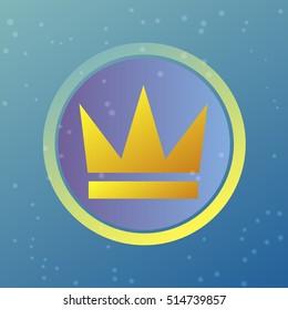 Crown icon in circle. Golden sign on blue starry sky. Flat vector illustration