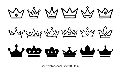 Crown Icon Collection: Black Line Art and Silhouette Symbols for Royalty and Power