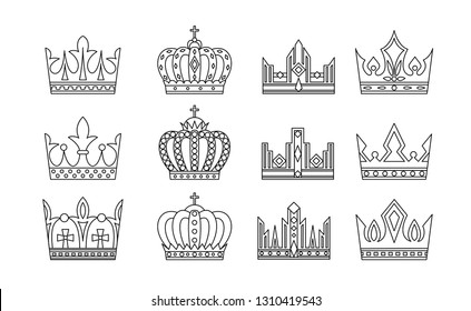 Crown icon collection. Vector symbols in outline style.