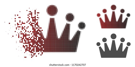 Crown icon in dissolved, dotted halftone and undamaged solid versions. Points are grouped into vector dissolving crown symbol.