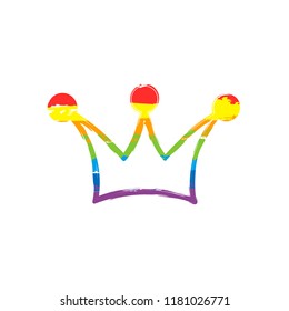 Crown icon. Drawing sign with LGBT style, seven colors of rainbow (red, orange, yellow, green, blue, indigo, violet