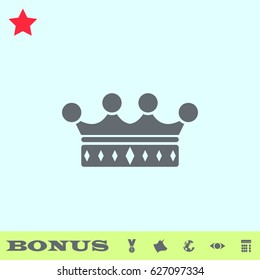 Crown icon flat. Grey pictogram on blue background. Vector illustration symbol and bonus buttons medal, cow, earth, eye, calculator