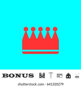 Crown icon flat. Red pictogram on blue background. Vector illustration symbol and bonus buttons Music center, corkscrew, credit card, house, drum