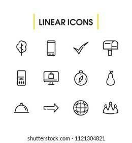 Crown icon with food, cell phone and mail symbols. Set of telephone, call, tray icons and geography concept. Editable vector elements for logo app UI design.