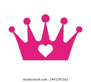 Crown icon with heart in the center, pink princess girl crown sign, silhouette crown