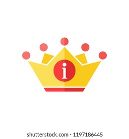Crown icon with information sign. Authority icon and about, faq, help, hint symbol. Vector illustration