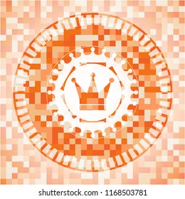 crown icon inside abstract emblem, orange mosaic background