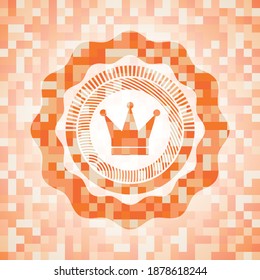 crown icon inside abstract emblem, orange mosaic background. 