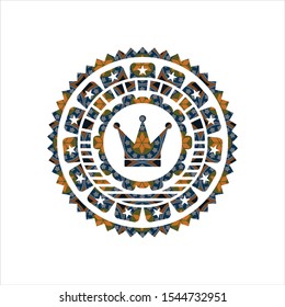 crown icon inside arabic badge background. Arabesque decoration.
