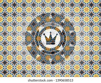 crown icon inside arabic style badge. Arabesque decoration.