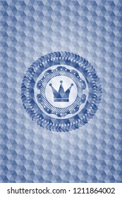crown icon inside blue emblem or badge with abstract geometric polygonal pattern background.