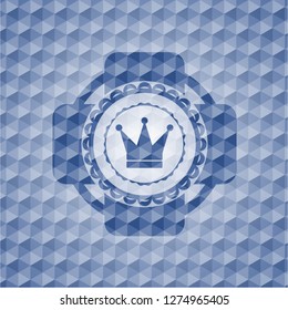 crown icon inside blue emblem or badge with abstract geometric pattern background.