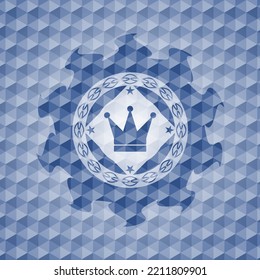 crown icon inside blue emblem or badge with geometric pattern background. 