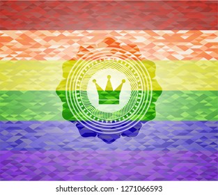 crown icon inside emblem on mosaic background with the colors of the LGBT flag