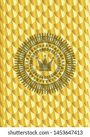 crown icon inside gold badge or emblem. Scales pattern. Vector Illustration. Detailed.