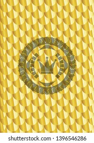 crown icon inside gold emblem or badge. Scales pattern. Vector Illustration. Detailed.