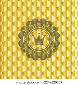 crown icon inside golden emblem. Scales pattern. Vector Illustration. Detailed. 