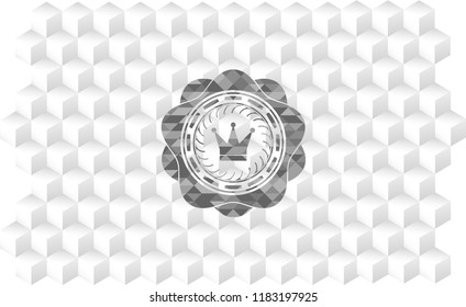 crown icon inside grey badge with geometric cube white background