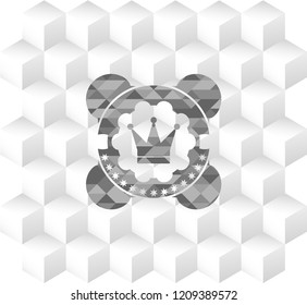 crown icon inside grey badge with geometric cube white background