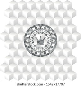 crown icon inside grey badge with geometric cube white background