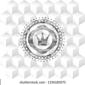 crown icon inside grey emblem. Vintage with geometric cube white background