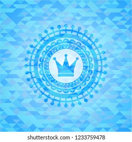 crown icon inside light blue emblem with mosaic ecological style background