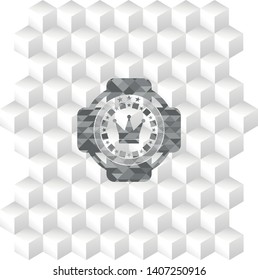 crown icon inside realistic grey emblem with geometric cube white background