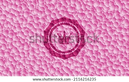 crown icon inside realistic pink emblem with bubbles background. Vector Illustration. Detailed. 