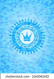 crown icon inside realistic sky blue emblem. Mosaic background