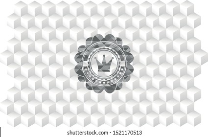 crown icon inside retro style grey emblem with geometric cube white background