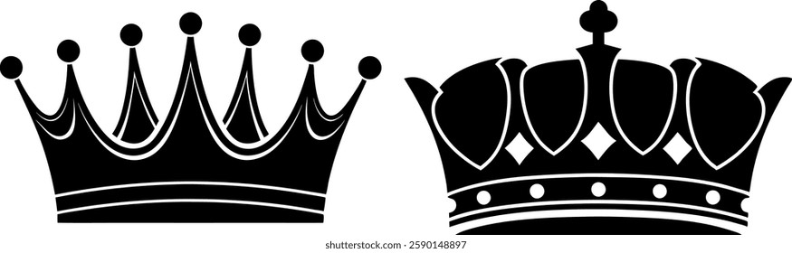 crown icon, king or queen crown symbol sketch, fellow crowned logo heads tiara, Royal head accessories silhouette vector art illustration