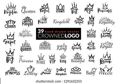 Crown icon logo. Set of 39 hand drawn crowns logo with tiara and inscriptions. Design kit for branding and identity with symbols of power, success, leadership and wealth or riches.