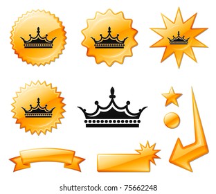 Crown Icon on Orange Burst Banners and Medals Original Vector Illustration