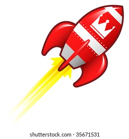 Crown icon on red retro rocket ship illustration good for use as a button, in print materials, or in advertisements.