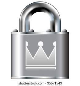 Crown icon on secure vector lock button. Suitable for use on websites, in print, and on brochures.