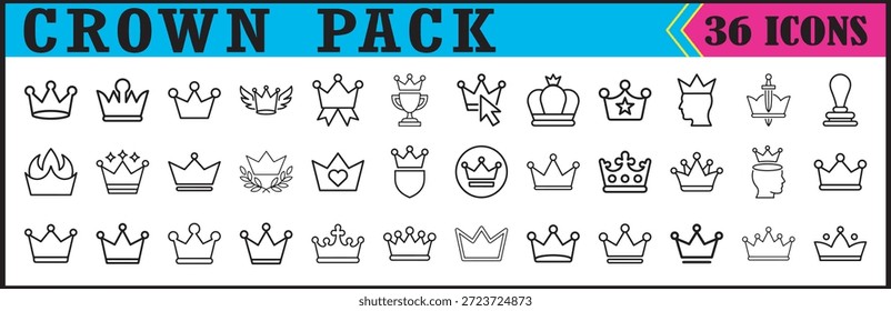 Conjunto de estilo de línea de paquete de iconos de corona, Colección de iconos de corona minimalistas en estilo de línea, adecuados para logotipos, marcas, diseño de interfaz de usuario, juegos y gráficos con temas de Regalías.

