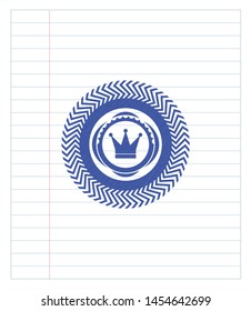 crown icon pen emblem. Blue ink. Vector Illustration. Detailed.