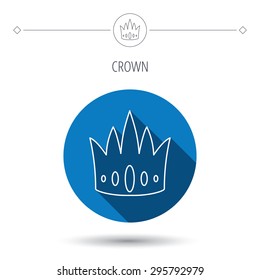 Crown icon. Royal king hat sign. VIP symbol. Blue flat circle button. Linear icon with shadow. Vector