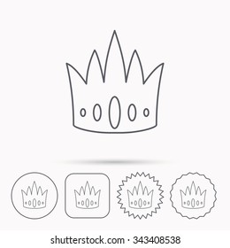 Crown icon. Royal king hat sign. VIP symbol. Linear circle, square and star buttons with icons.