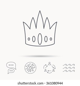 Crown icon. Royal king hat sign. VIP symbol. Global connect network, ocean wave and chat dialog icons. Teamwork symbol.