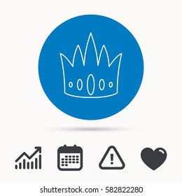 Crown icon. Royal king hat sign. VIP symbol. Calendar, attention sign and growth chart. Button with web icon. Vector