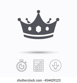 Crown icon. Royal throne leader symbol. Stopwatch, chart graph and download arrow. Linear icons on white background. Vector