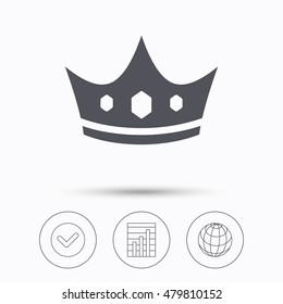 Crown icon. Royal throne leader symbol. Check tick, graph chart and internet globe. Linear icons on white background. Vector