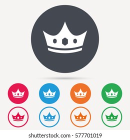 Crown icon. Royal throne leader symbol. Round circle buttons. Colored flat web icons. Vector