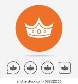 Crown icon. Royal throne leader symbol. Circle, speech bubble and star buttons. Flat web icons. Vector