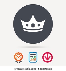 Crown icon. Royal throne leader symbol. Report document, award medal with tick and new tag signs. Colored flat web icons. Vector