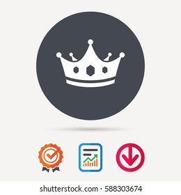 Crown icon. Royal throne leader symbol. Report document, award medal with tick and new tag signs. Colored flat web icons. Vector