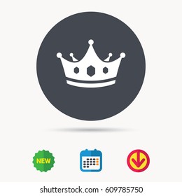 Crown icon. Royal throne leader symbol. Calendar, download arrow and new tag signs. Colored flat web icons. Vector